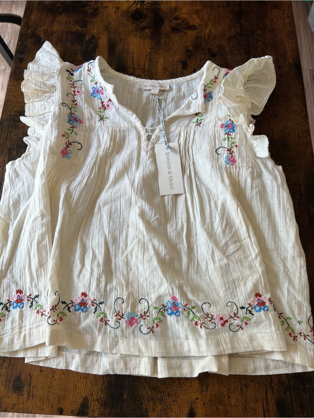 Embroidered Ruffle Sleeve Women's Blouse — Cream NWT